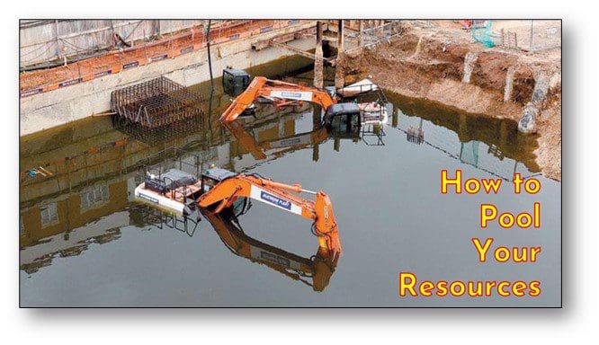 Some diggers at a construction site in a flooded dip. as a play on the title "How to Pool Your Resources".