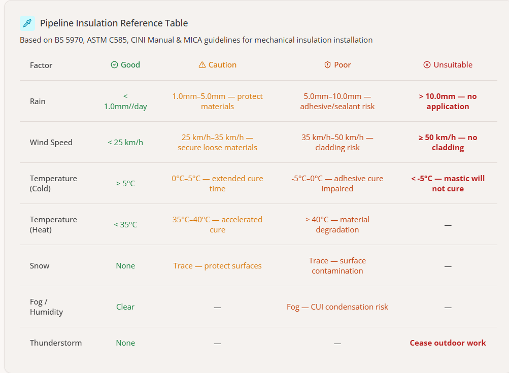 Pipeline Insulation weather advisory reference
